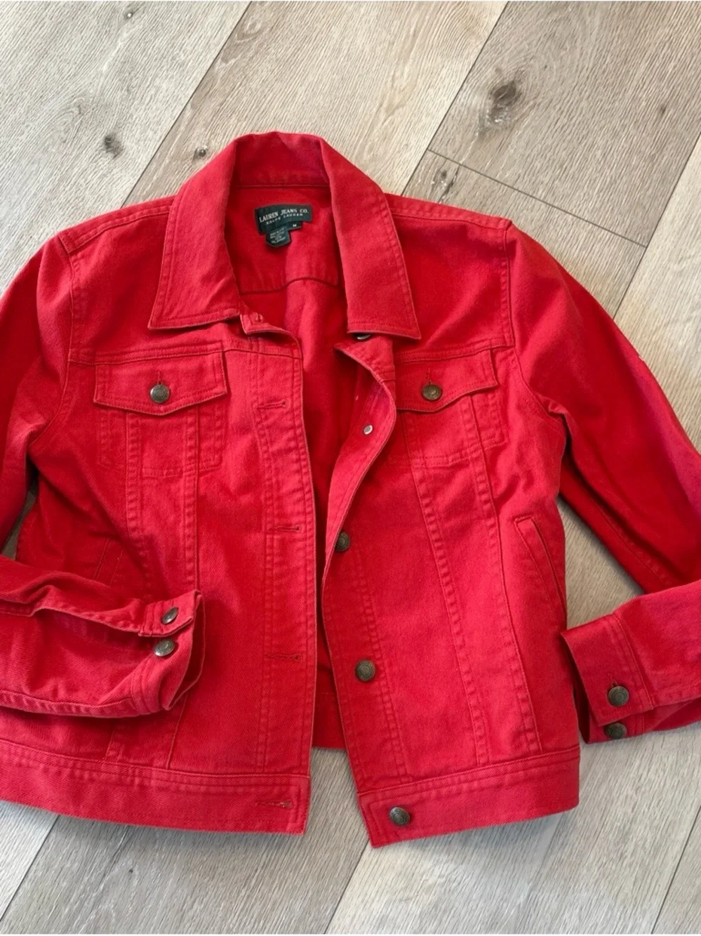 Lauren Ralph Lauren Red Denim Jacket Women’s Medium Stretch Cotton Trucker Jean - Picture 7 of 12